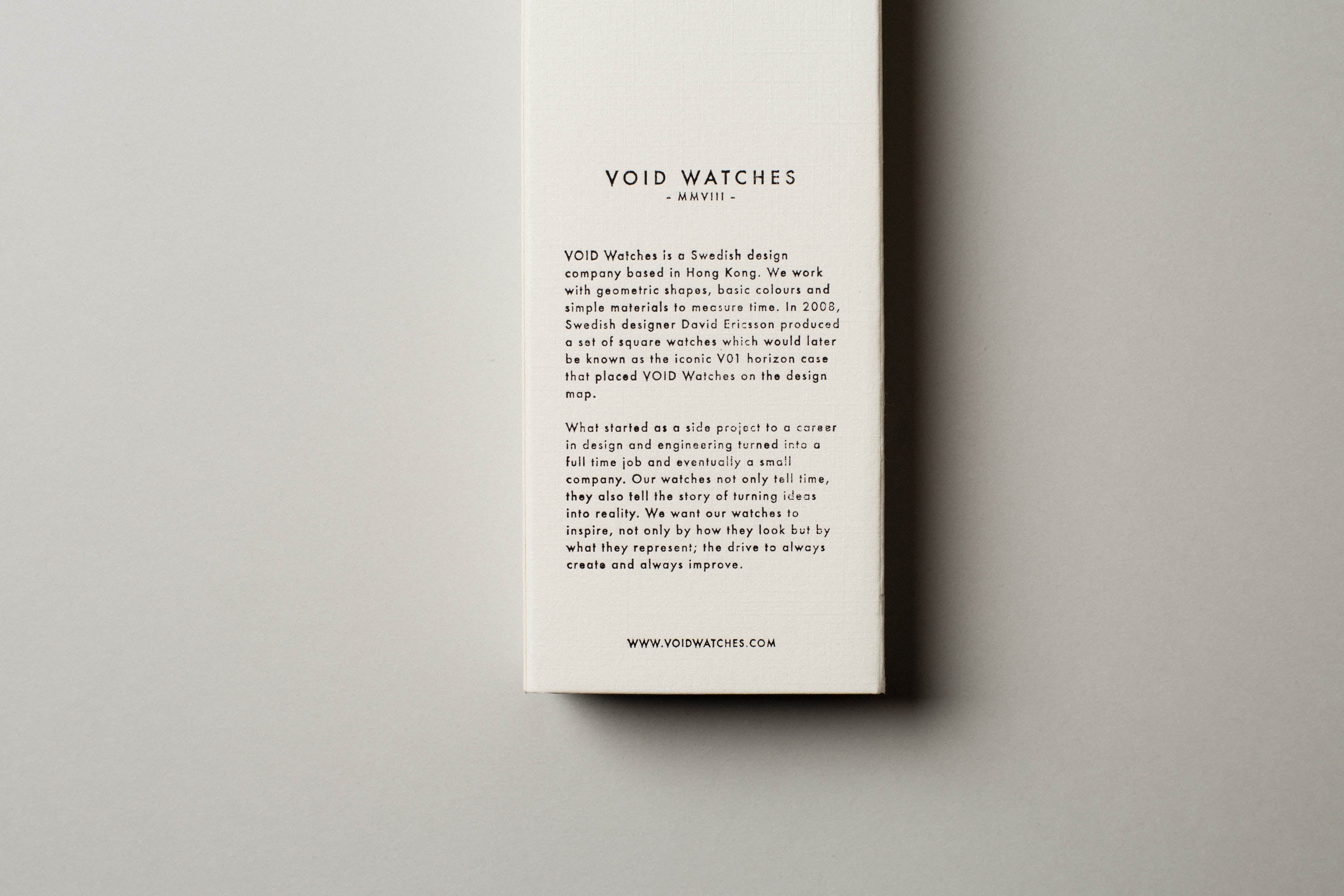 New watch sleeve packaging from VOID Watches with black engraving details