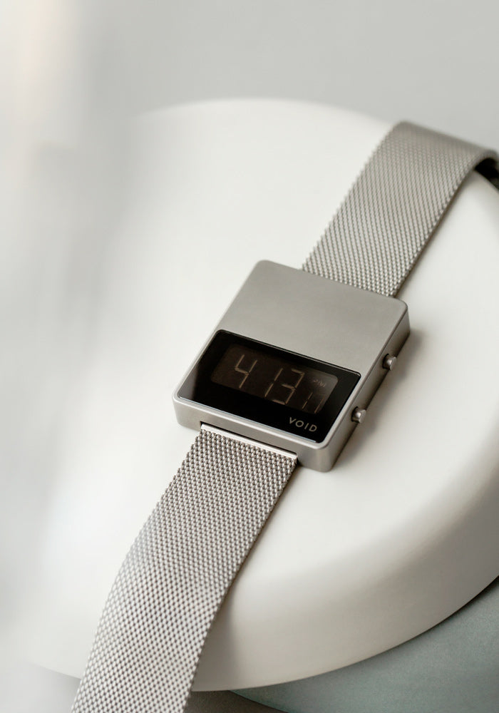 VOID Watches's iconic square watch, the V01MKII with a Milanese metal bracelet by Swedish Designer David Ericsson.